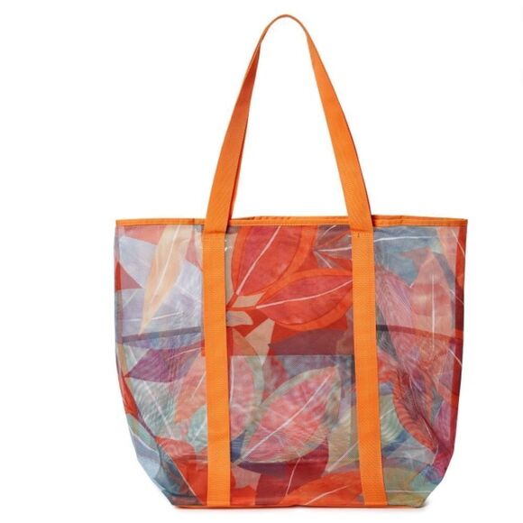 Orange Tropical Printed Mesh Tote Bag - Picture 3 of 5